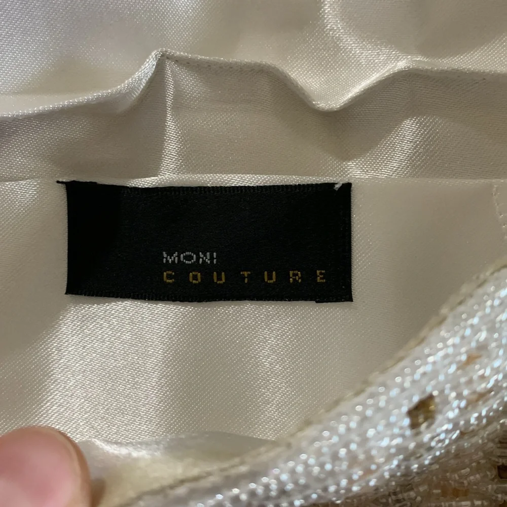 Moni Couture stunning ivory bronze beaded clutch shoulder evening formal bag EUC